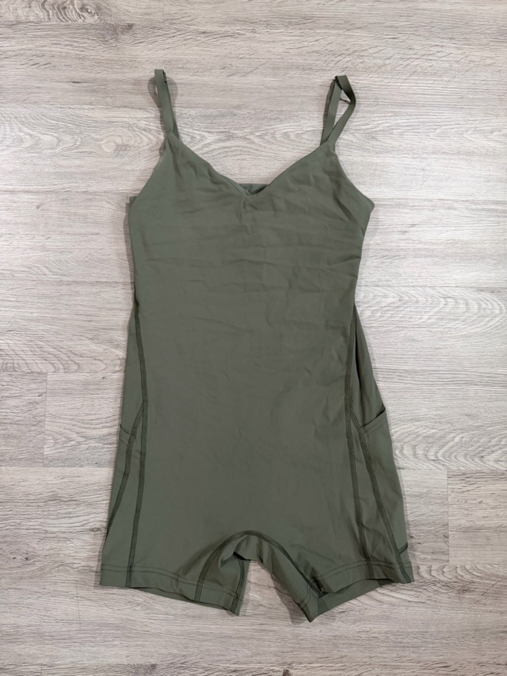 Outdoor Voices Super Form 5” Olive Green Sleeveless Romper with Spaghetti Straps - Picture 2 of 5